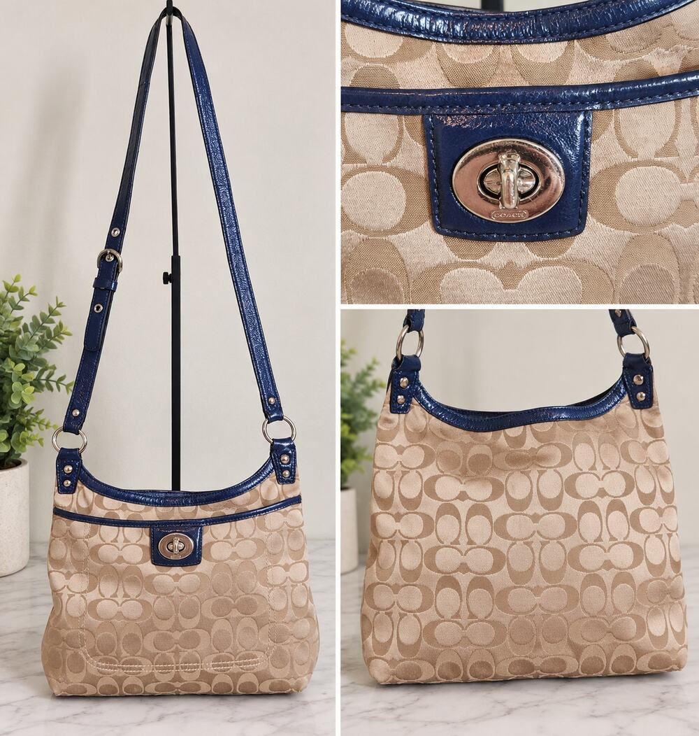 Coach Penelope F19259 Signature Sateen Hippie Crossbody Bag Khaki Navy Blue